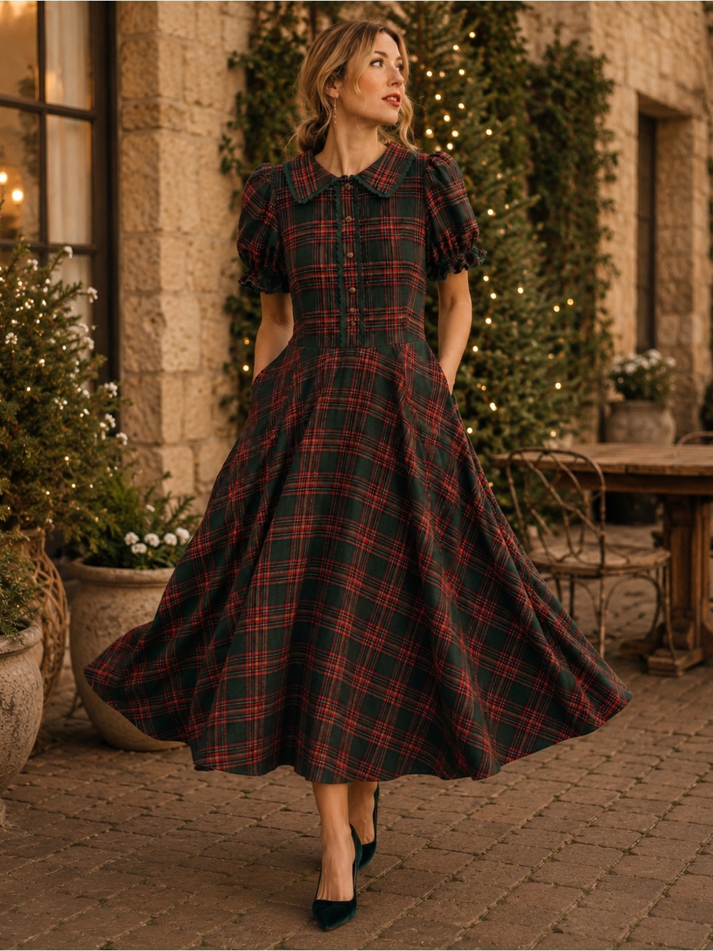 Ivy City Co Noelle Green Plaid Peter Pan Collar Holiday Midi Dress Size 2